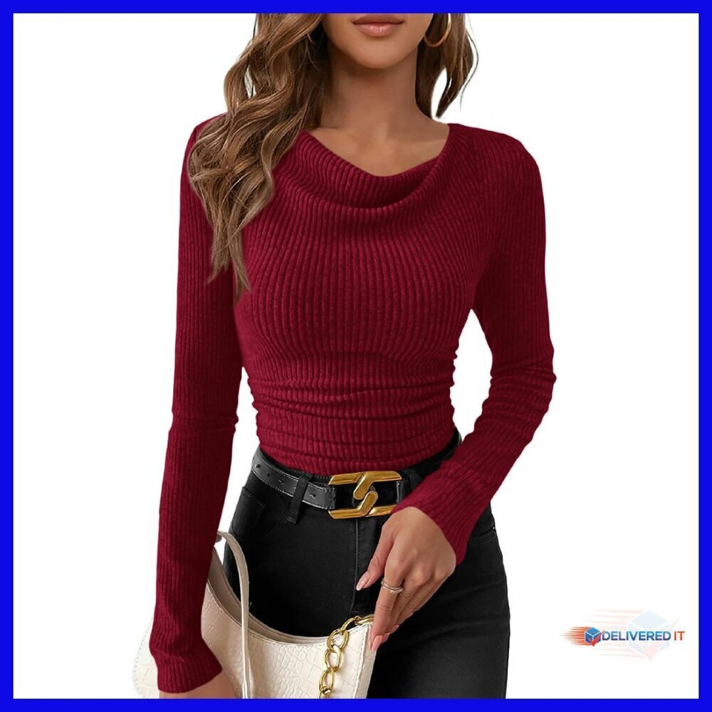 Long Sleeve Cowl Neck Ribbed Knit Crop Top Slim Fit Ruched
